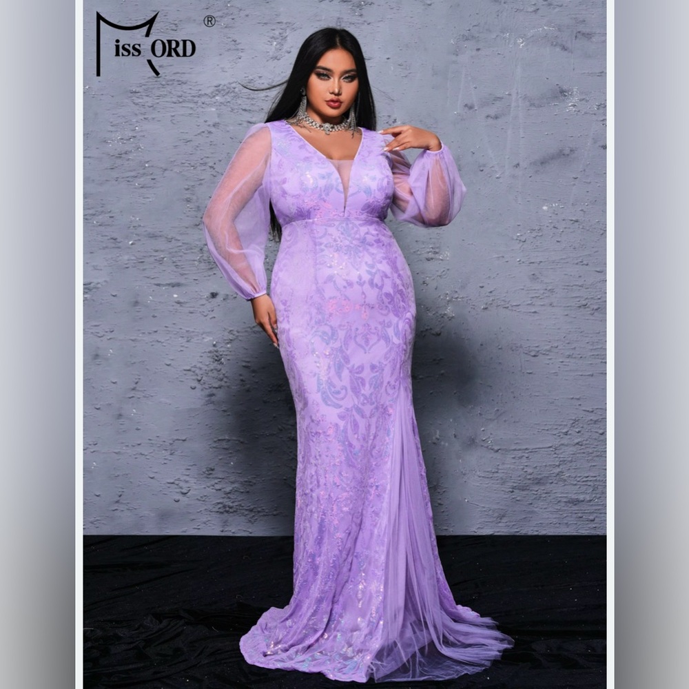 💛Missord Plus Size 2024 Tulle Lantern Sleeves V Neck Sequin Mermaid Gown, 2XL
